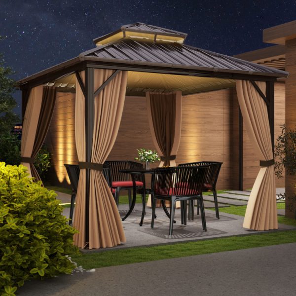 10 x 10/12 Feet Hardtop Gazebo with Netting and Curtain and Double-Roof Galvanized Metal Top