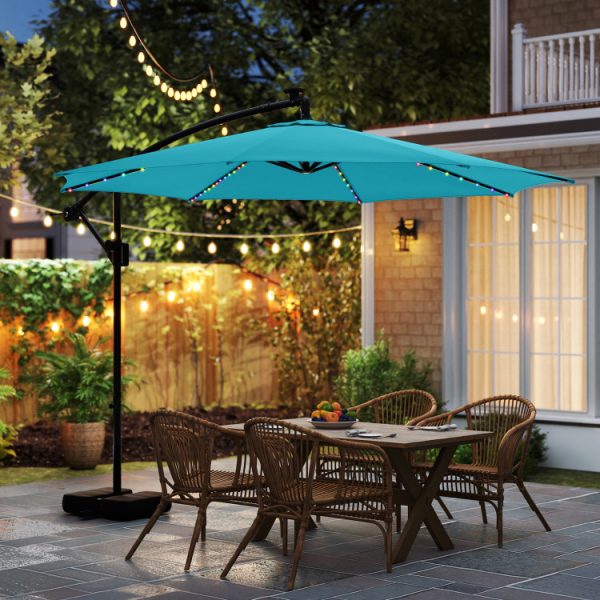 10 Feet Solar Offset Hanging Umbrella with Base and LED Lights