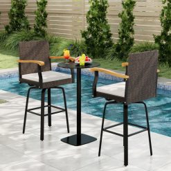 Outdoor 360° Swivel Bar Stool with Cushion and Acacia Wood Armrests
