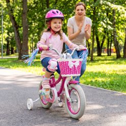 12/14/16/18/20-Inch Kids Bike Adjustable with Basket and Streamers Rose Red - Princess of the Sea Theme