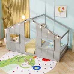 Twin Size House Bed with LED Lights Montessori Slat-free Floor Bed