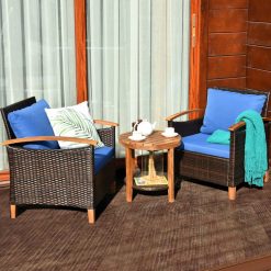 3 Pieces Patio Wicker Furniture Set with Washable Cushion and Acacia Wood Tabletop