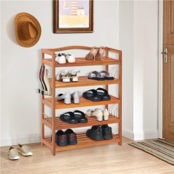 2-Tier/3-Tier/5-Tier Acacia Wood Shoe Rack with Side Metal Hooks