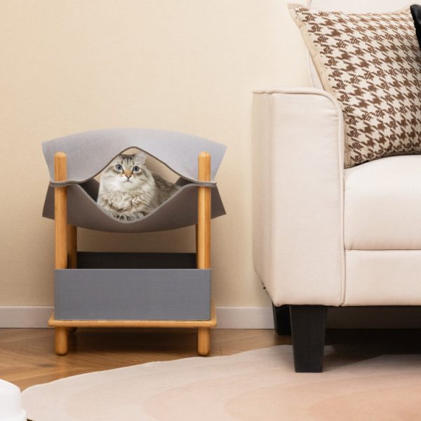 2-Tier Wooden Cat House with Semi-enclosed Condo and Removable Clothes