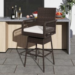 29 Inches Patio 360° Swivel Bar Stool with Cross-Woven Armrests and Seat Cushion