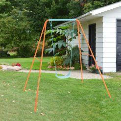 Outdoor Kids Swing Set with Heavy-Duty Metal A-Frame and Ground Stakes