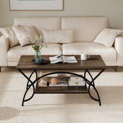 2-Tier Faux Marble Coffee Table with Marble Top and Metal Frame