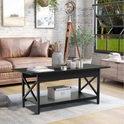 2-Tier Industrial Rectangular Coffee Table with Storage Shelf