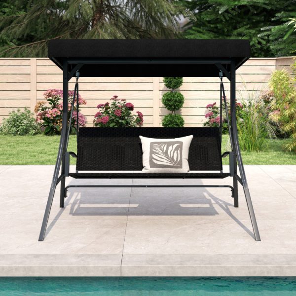 3-Person Porch Swing with Stand Outdoor Canopy Swing with Rattan Seat Back