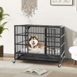 38/48 Inch Foldable Heavy-Duty Metal Dog Cage with Lockable Rolling Casters and Tray