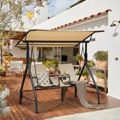 2-Seat Outdoor Cushioned Porch Swing with Adjustable Canopy and Tempered Glass Table