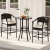 3-Piece Patio Rattan Bar Set with Tempered Glass Top for Backyard Poolside