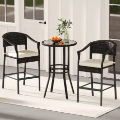 3-Piece Patio Rattan Bar Set with Tempered Glass Top for Backyard Poolside