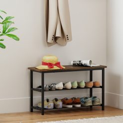 3-Tier Shoe Rack Shoe Bench with Metal Slat Shelves and Long Wooden Seat