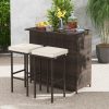 3 Pieces Outdoor Rattan Wicker Bar Set with 2 Cushions Stools
