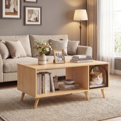 40 Inch Coffee Table Cat House 2-in-1 Wooden Kitten Furniture with Open Storage Shelf