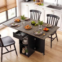 47.5 Inch Farmhouse Extendable Wooden Dinner Table with Lockable Wheels