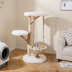 48.5 Inch Solid Wood Cat Tree with Hanging Cradle and Jute Scratching Post