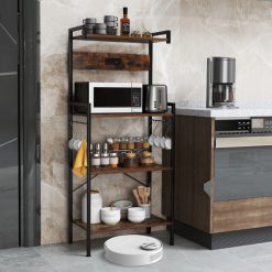 4-Tier Kitchen Bakers Rack with Power Outlet and 8 Hooks
