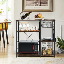 Industrial Kitchen Baker's Rack Microwave Shelf with 6 Hooks and Basket