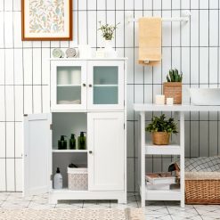 Bathroom Floor Storage Cabinet with Glass Doors and Adjustable Shelf
