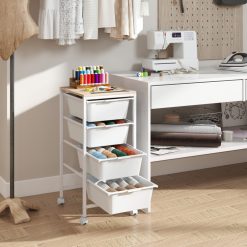 4-Drawer Rolling Storage Cart Mobile Utility Organizer with Wooden Tabletop and Lockable Wheels