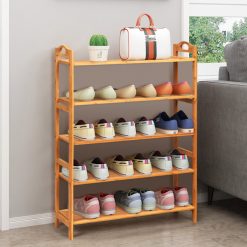 5 Tier Bamboo Shoe Rack with Two Rounded Handle for 15 Pairs