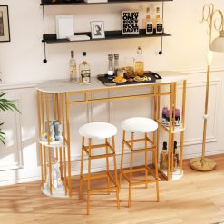 60 Inch Long Bar Table Narrow with Faux Marble Tabletop and Storage Shelves