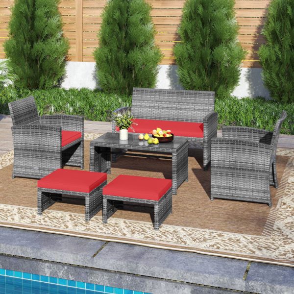6 Pieces Patio Furniture Set Outdoor Sectional Conversation PE Rattan Sofa Set