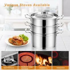 2/3 Tier Stainless Steel Steamer with Handles and Glass Lid
