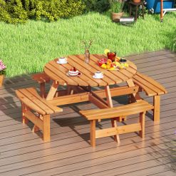 8-Person Round Picnic Table Set Circular Patio Dining Camping Table with Benches