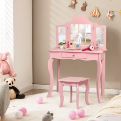 Kids Dressing Vanity Set with Detachable Tri-Folding Mirror and Stool
