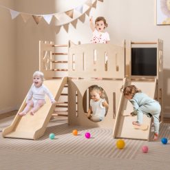8-in-1 Toddler Slide Wooden Indoor Playground with Climber and Chalkboard