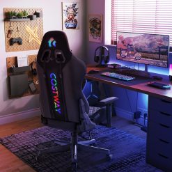 Adjustable Swivel PU Gaming Chair with RGB LED Lights and Nylon Base