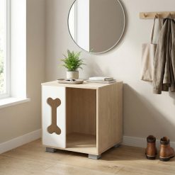 Dog Bed Side Table Wooden Dog Condo with Bone-shape Window and Thick Metal Legs