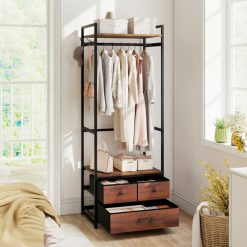 Clothes Rack with Drawers and Shelves with Side Hooks and Metal Frame