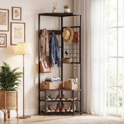 Corner Hall Tree Freestanding Coat Rack with Storage Shelves Removable Hooks