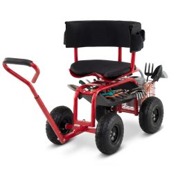 Cushioned Rolling Garden Cart Scooter with Storage Basket and Tool Pouch