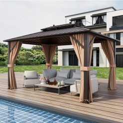 10 x 13 Feet Patio Hardtop Gazebo with Galvanized Steel Double Roof and Netting