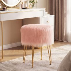 Faux Fur Vanity Stool Round Upholstered Footrest with Furry Padded Seat