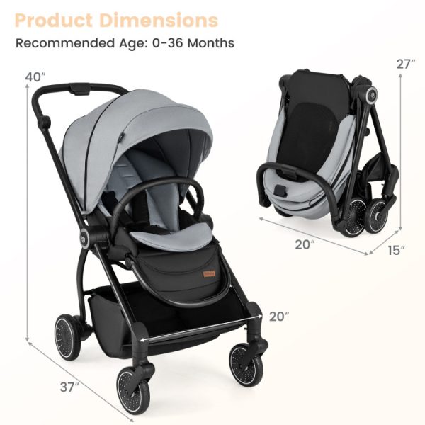 Foldable Infant Pram Stroller with Reversible Seat Reclining Backrest