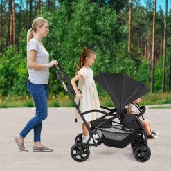 Foldable Twin Tandem Stroller Sit and Stand Double Stroller with Adjustable Handle Bar