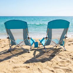 Folding Beach Chairs Set of 2 Portable Lightweight Low Seat Chairs with Padded Armrests