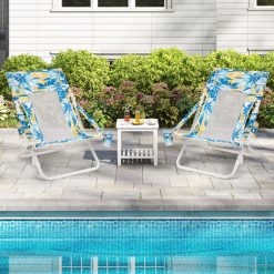 Folding Low Beach Chair Set of 2 Patio Sling Chairs with Padded Head Pillow