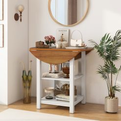Folding Round Dining Table Drop Leaf Table with 2 Shelves for Small Spaces