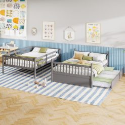 Full over Full Bunk Bed Platform Wood Bed with Ladder