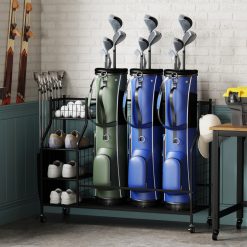 Golf Bag Organizer 3 Golf Bag Stand with Lockable Wheels and Hooks
