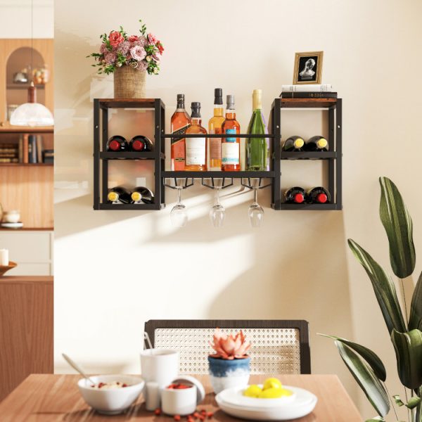 Heavy-duty Wall Mounted Wine Rack with Glass Holder Metal Frame 8-Bottle Holder