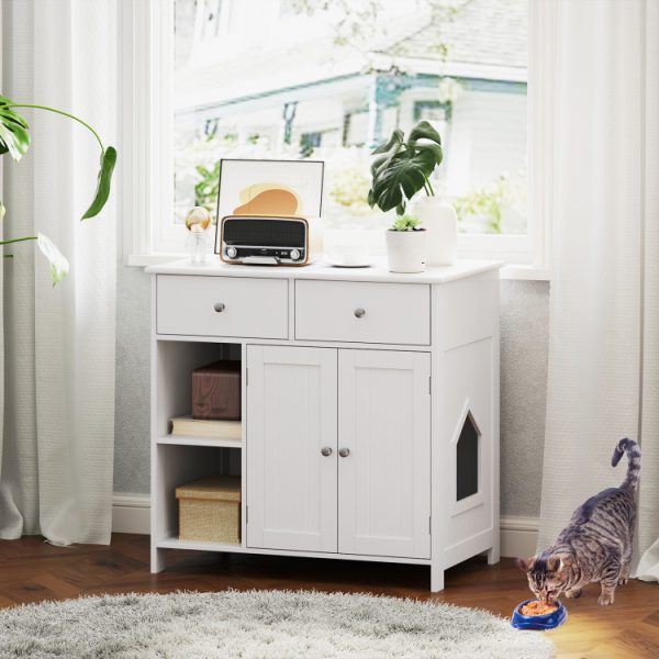 Hidden Cat Washroom Side Cabinet Wooden Pet House with 2 Drawers