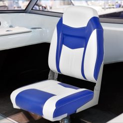 High Back Folding Boat Seat with Blue White Sponge Cushions and Flexible Hinges